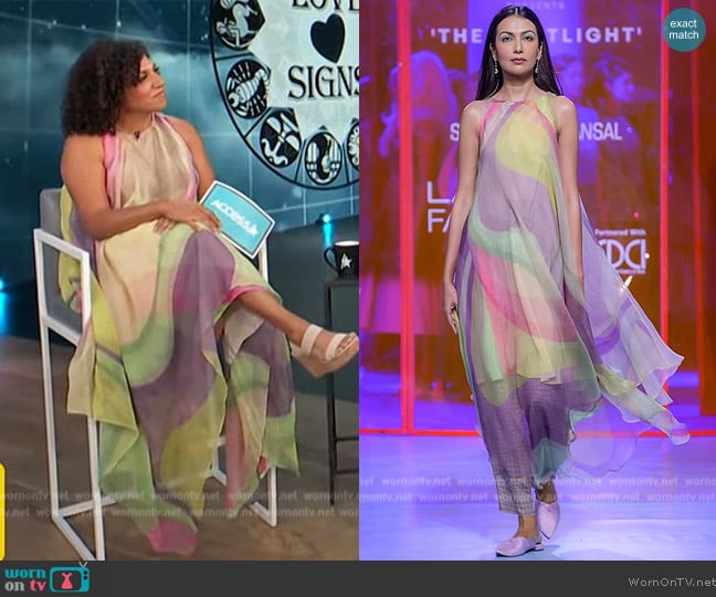 Siddhartha Bansal Multi-Colored Silk Organza Printed Tunic Set worn by Damona Hoffman on Access Hollywood