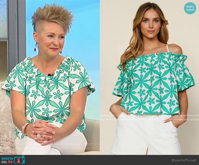 Skies are Blue Embroidered Off Shoulder Top worn by Jessica Frew on Tamron Hall Show