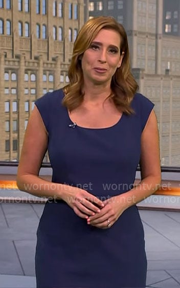 Stephanie Abrams' navy scoop-neck sheath dress on CBS Mornings