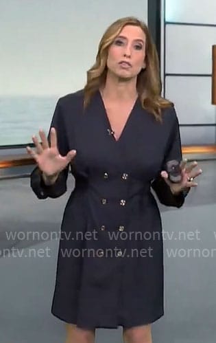 Stephanie Abrams’ navy double-breasted dress on CBS Mornings