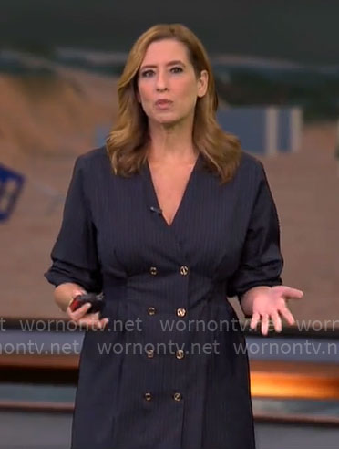 Stephanie Abrams' navy double-breasted dress on CBS Mornings