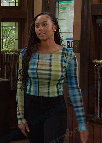 Talia's green plaid long sleeve top on Days of our Lives