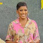 Tamron’s pink floral print blouse and pants on Tamron Hall Show