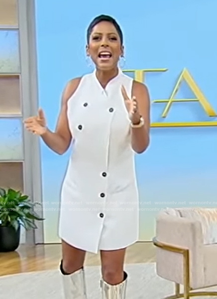 Tamron's white sleeveless mini dress on Tamron Hall Show