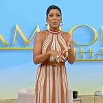 Tamron’s metallic stripe halter top and skirt on Tamron Hall Show