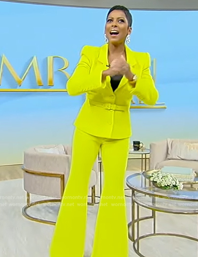 Tamron’s yellow belted blazer and pants on Tamron Hall Show