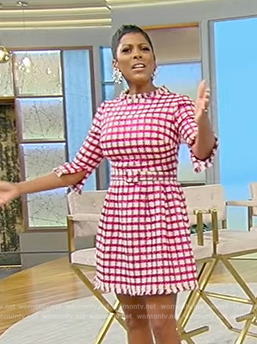 Tamron's belted check print tweed dress on Tamron Hall Show