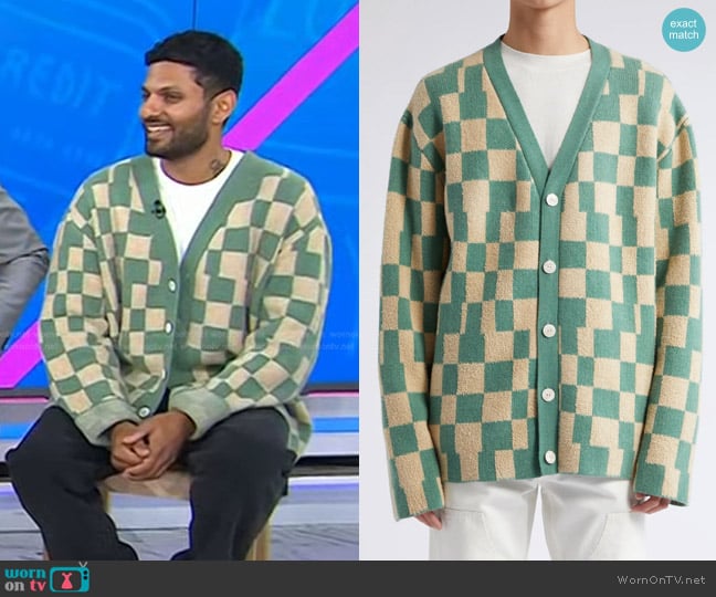 The Elder Statesman Cardinal Checkerboard Cashmere Blend Cardigan worn by Jay Shetty on Today