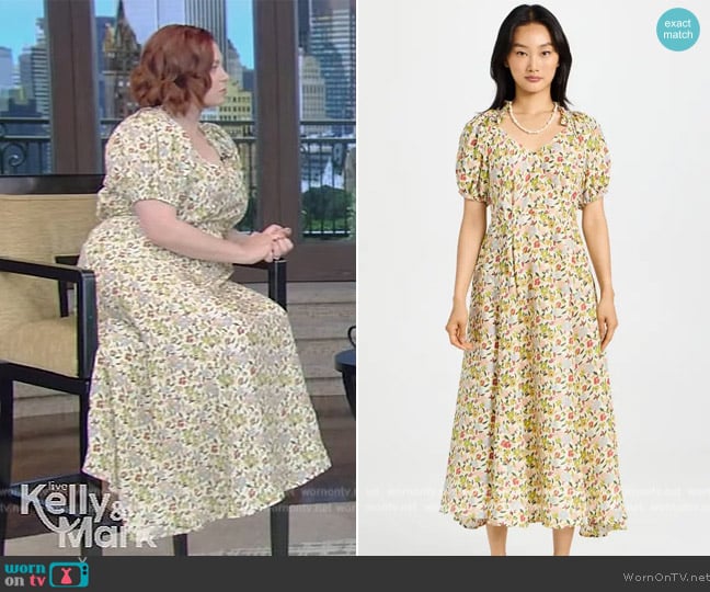 The Great The Hyacinth Floral Puff-Sleeve Midi Dress worn by Rachel Bloom on Live with Kelly and Mark