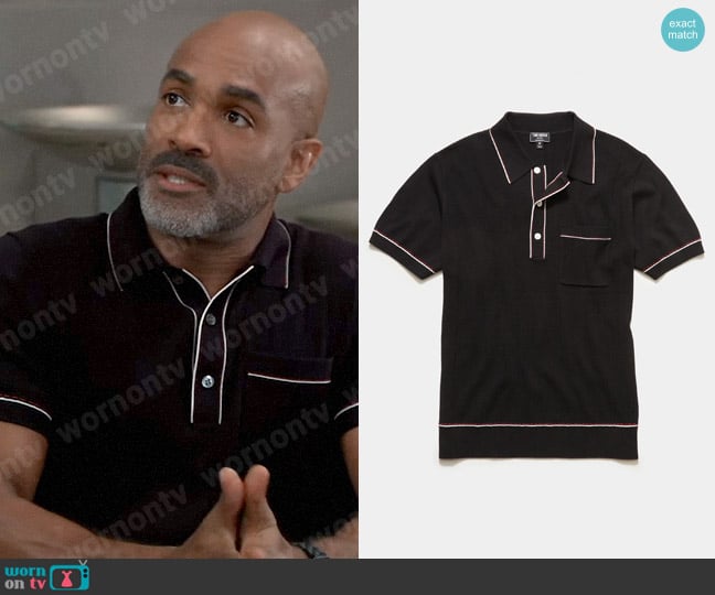 Todd Snyder Italian Cotton Silk Tipped Riviera Sweater Polo in Black worn by Curtis Ashford (Donnell Turner) on General Hospital