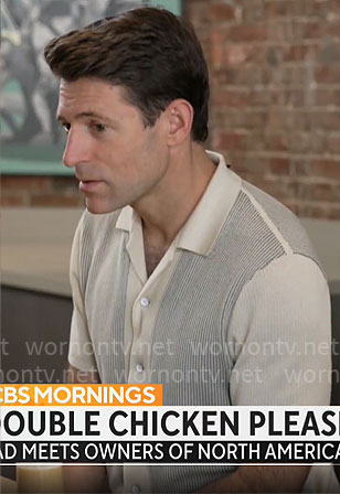 Tony Dokoupil's ivory knit button down shirt on CBS Mornings