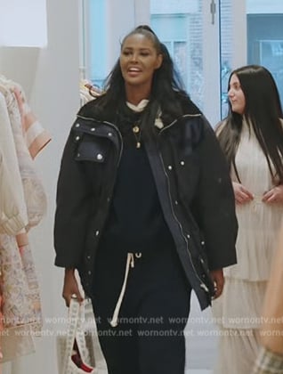 Ubah’s navy utility coat on The Real Housewives of New York City