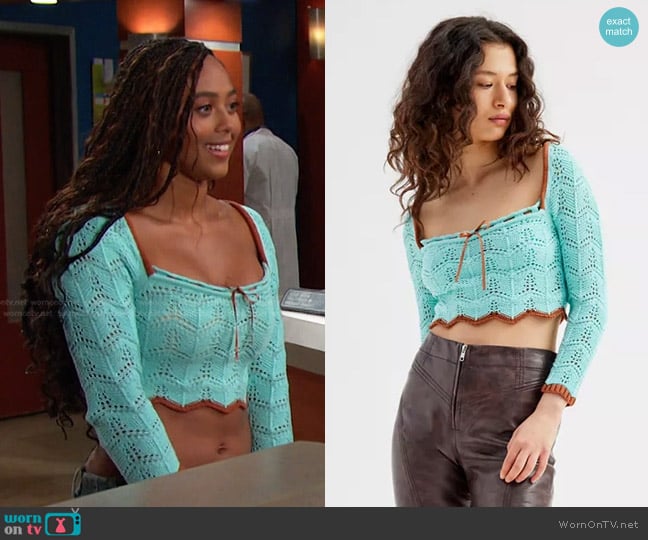 Urban Outfitters Blaire Crochet Square Neck Sweater in Sky worn by Talia Hunter (Aketra Sevellian) on Days of our Lives