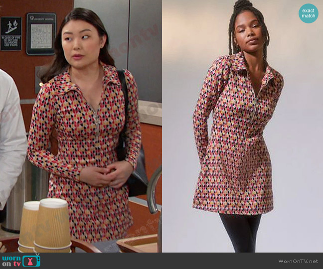 Urban Outfitters Harley Printed Long Sleeve Mini Dress in Red Multi worn by Wendy Shin (Victoria Grace) on Days of our Lives