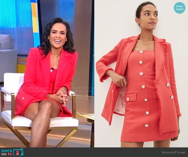 Veronica Beard Aster Tweed Mini Dress and Nayeli Dicky Jacket worn by Linsey Davis on Good Morning America