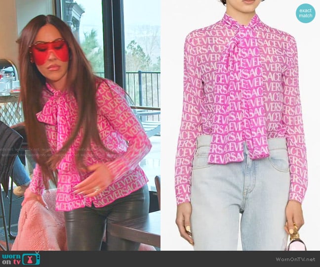 Versace Logo-Print Pussybow Blouse worn by Angie Katsanevas on The Real Housewives of Salt Lake City