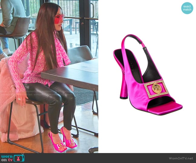 Versace Medusa-Plaque Slingback Sandals worn by Angie Katsanevas on The Real Housewives of Salt Lake City