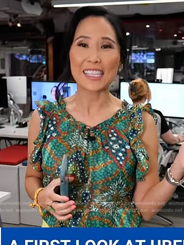 Vicky's green printed ruffle top on NBC News Daily