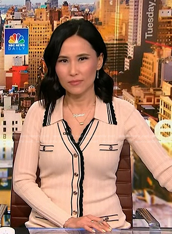Vicky's ivory contrast trim ribbed dress on NBC News Daily