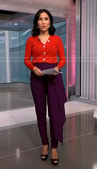 Vicky's red cardigan and purple draped side pants on NBC News Daily