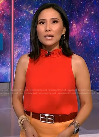 Vicky’s red ruffle neck top on NBC News Daily