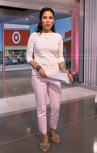 Vicky's white striped studded shoulder sweater and pink pants on NBC News Daily