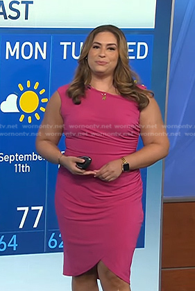 Violeta Yas's pink gathered tulip-hem dress on NBC News Daily