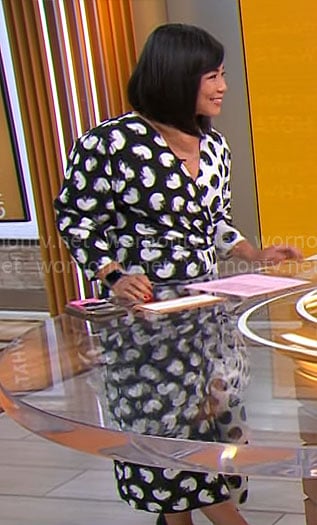 Weijia Jiang's black and white printed wrap dress on CBS Mornings