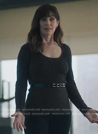 Wendy's brown ribbed scoop neck sweater on Billions