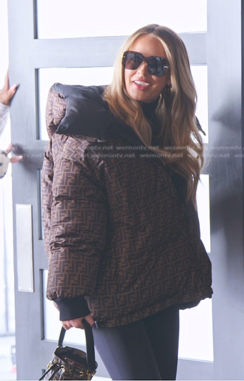 Whitney's brown monogram puffer jacket on The Real Housewives of Salt Lake City