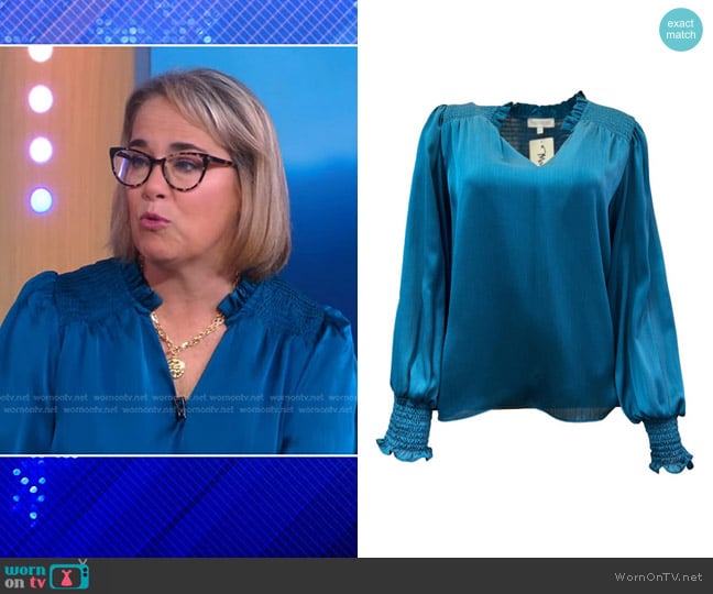 Willa Story Alanna Top in Teal worn by Sissy Goff on Good Morning America