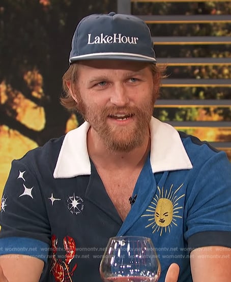 Wyatt's blue lobster graphic shirt on Access Hollywood