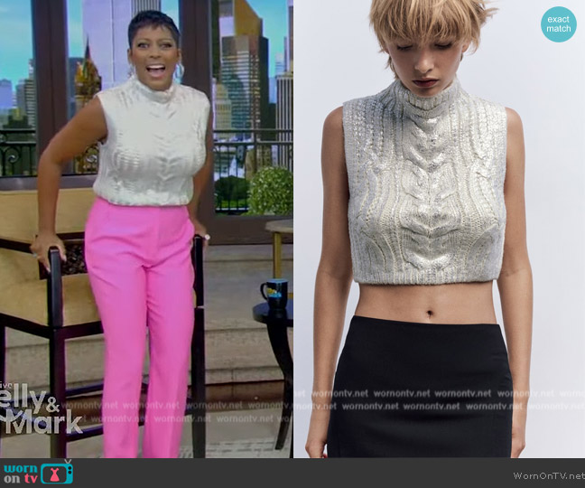 Zara Metallic Cable Knit Vest worn by Tamron Hall on Live with Kelly and Mark