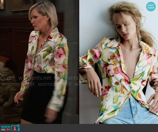 Zara Floral Satin Effect Blouse worn by Ava Jerome (Maura West) on General Hospital