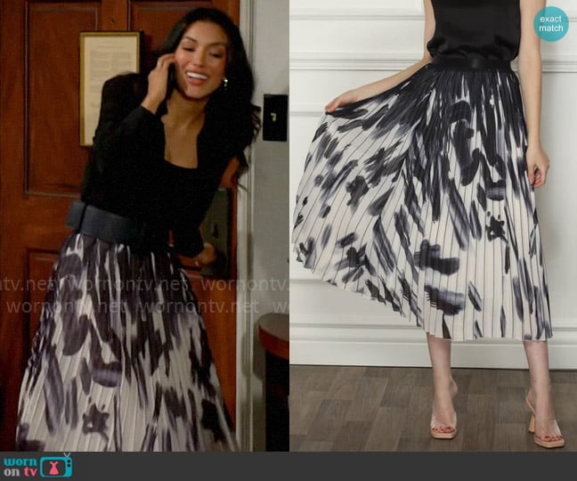 Zero Degrees Celsius Feather Print Pleated Skirt worn by Audra Charles (Zuleyka Silver) on The Young and the Restless