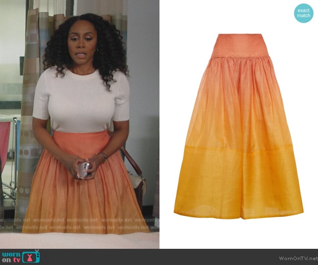 Zimmermann Postcard organza midi skirt worn by Lola Carmichael (Simone Missick) on All Rise