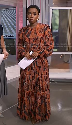 Zinhle's orange giraffe print maxi dress on NBC News Daily