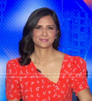 Zohreen Shah’s red floral asymmetric neck dress on Good Morning America