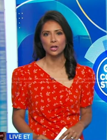 Zohreen Shah’s red floral asymmetric neck dress on Good Morning America