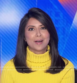 Zohreen Shah’s yellow ribbed turtleneck sweater on Good Morning America