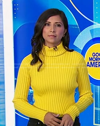 Zohreen Shah’s yellow ribbed turtleneck sweater on Good Morning America