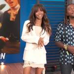 Zuri’s beige ruffle mini dress on Access Hollywood