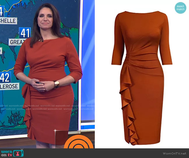 WornOnTV: Maria’s brown ruffle side sheath dress on Today | Maria ...