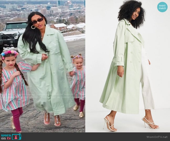 Asos Trench Coat with Tie in sage green worn by Monica Garcia on The Real Housewives of Salt Lake City