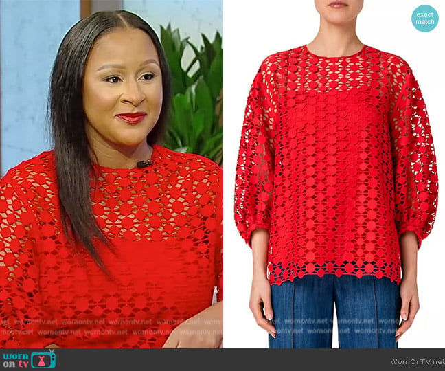 Akris Punto Kaleidoscope Dot Guipure Blouson-Sleeve Blouse worn by Angela Benton on Tamron Hall Show