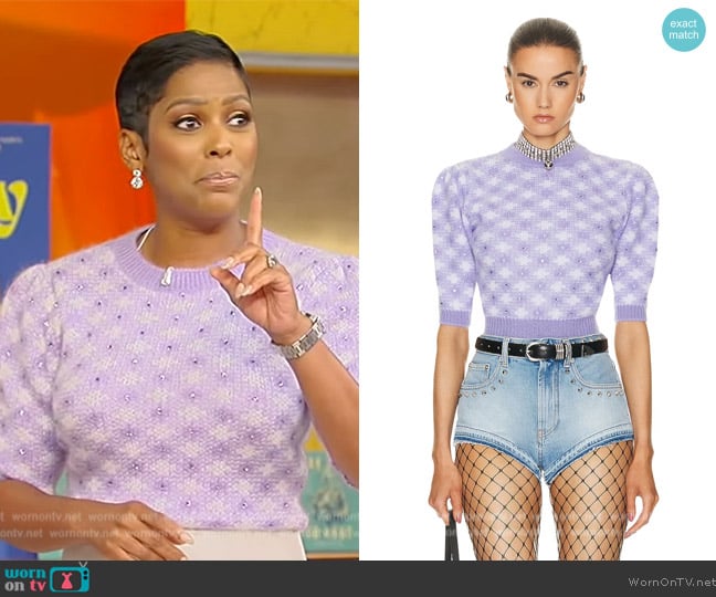 Alessandra Rich Crystal-embellished diamond-jacquard top worn by Tamron Hall on Tamron Hall Show