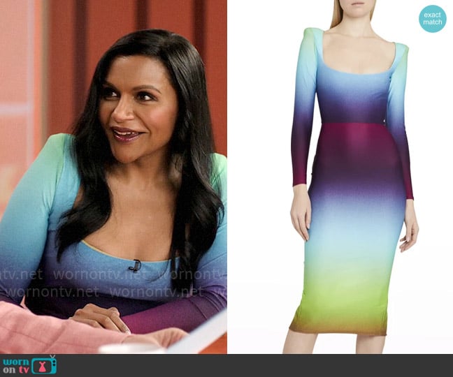 Alex Perry Toryn Ombre-Print Strong-Shoulder Midi Dress worn by Audra Khatri (Mindy Kaling) on The Morning Show