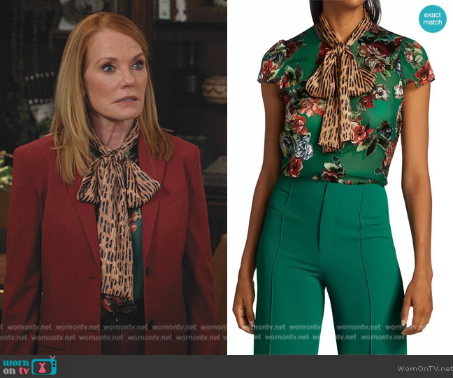 Alice + Olivia Jeannie Tie -Neck Leopard & Floral Blouse worn by Lisa Benner (Marg Helgenberger) on All Rise