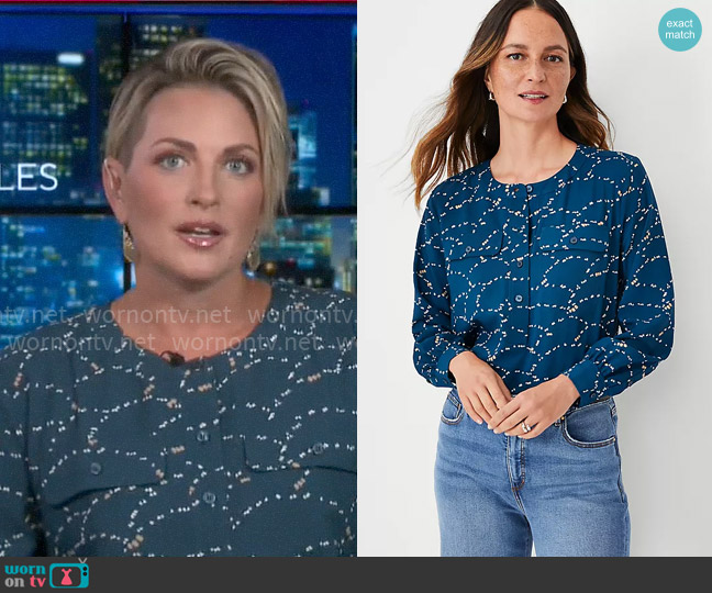 Ann Taylor Floral Double Pocket Shirt in Sea Storm worn by Jamie Yuccas on CBS Mornings