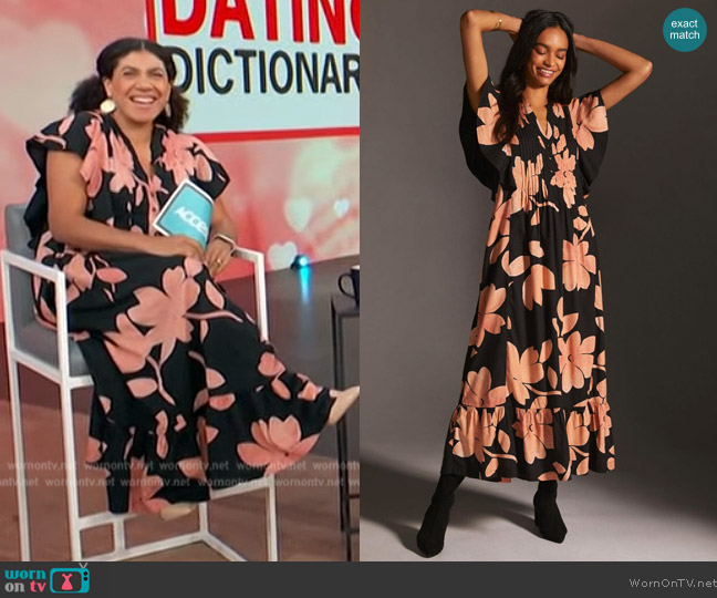 Maeve Cassandra Maxi Dress in Coral worn by Damona Hoffman on Access Hollywood